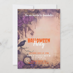 Antiquierte lila Blumen schwarzer Vogel Halloween- Einladung