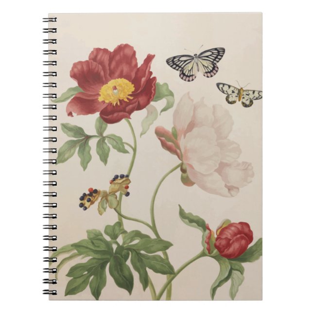 Antiquierte Peony and Butterflies Spiral Notebook Notizblock (Vorderseite)