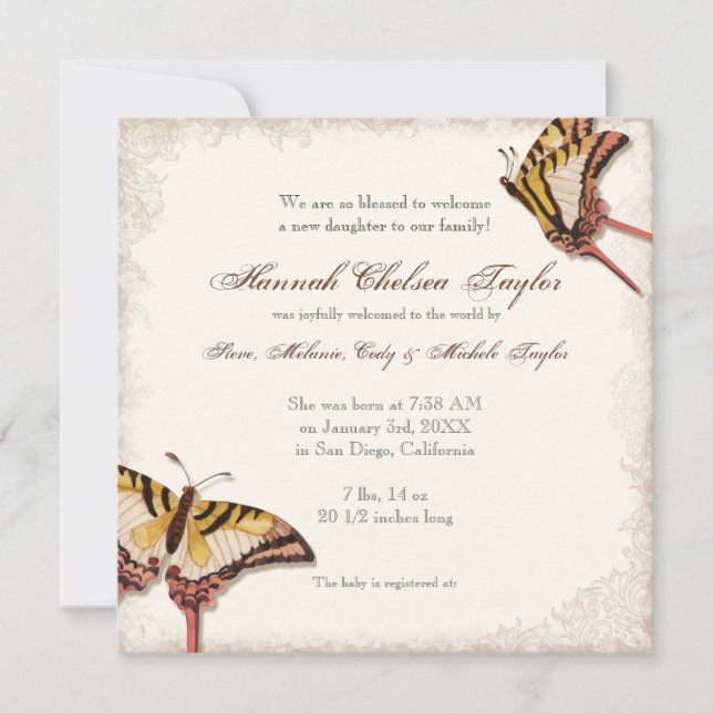 Antiquierte Viktorianische Rose Baby Girl Birth An Ankündigung (Vorderseite)