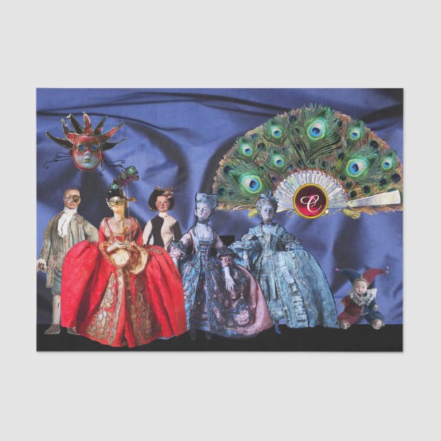 ANTIQUITALIENISCHE PUPPETS, MASQUERADE MASKS Blau Seidenpapier (Vorderseite)