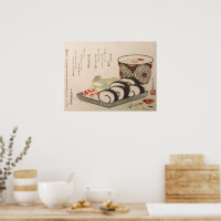 Antiquitäten Asiatisches Gedicht Holz Druck Sushi