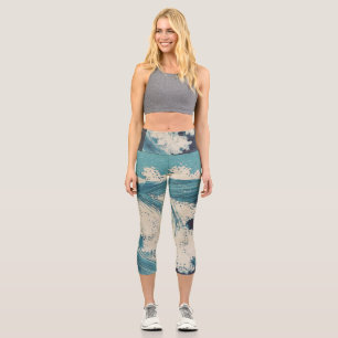 Antiquitäten Japanisch Blue Waves Ocean Print Capri Leggings