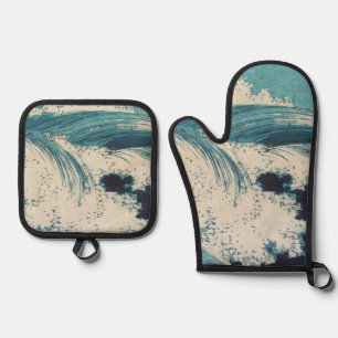 Antiquitäten Japanisch Blue Waves Ocean Print Ofenhandschuh & Topflappen-Set