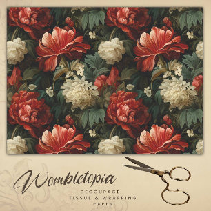 Antiquitäten Rot & Creme Blumendekoupage Seidenpapier