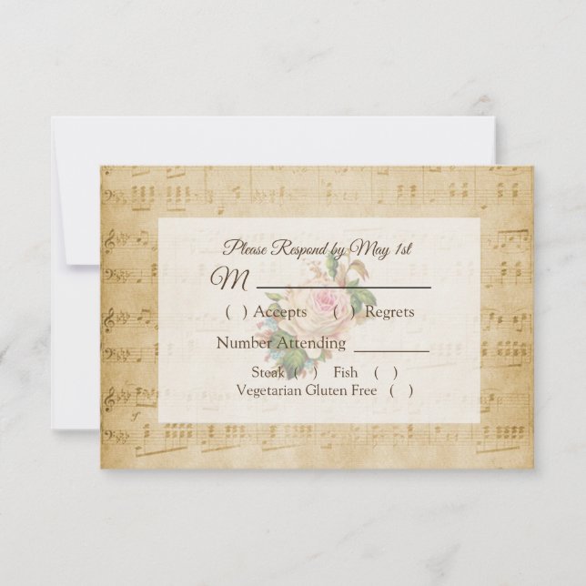 Antiquitätenblatt Musik Rosa Rose Wedding RSVP Kar (Vorderseite)