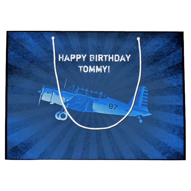 Antiquitätenflugzeug CUSTOM Retro Blau Große Geschenktüte (Vorderseite)