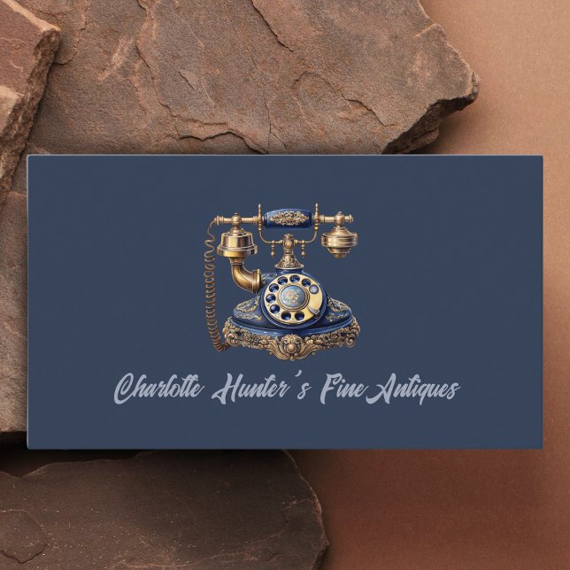 Antiquitätengeschäft, Vintages altes Telefon, Gold Visitenkarte (antique old telephone, gold and blue )