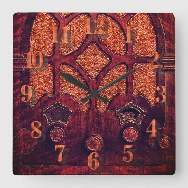 Antiquitätenholz Elegante Kunst Deko Kathedrale Quadratische Wanduhr (Vorderseite)