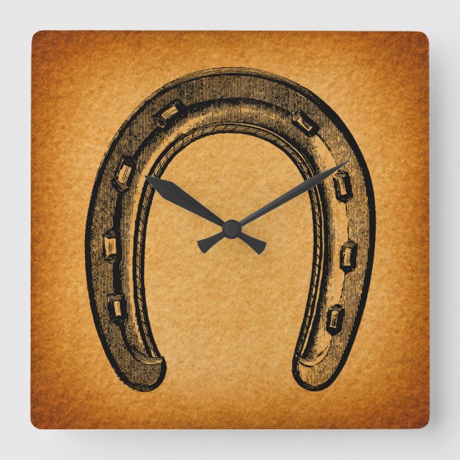 Antiquitätenhorseshoe Vintager Western Pferdeschuh Quadratische Wanduhr (Vorderseite)