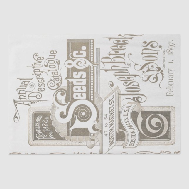 Antiquitätenkatalog Typografie Decoupage Taupe Seidenpapier (Vorderseite)