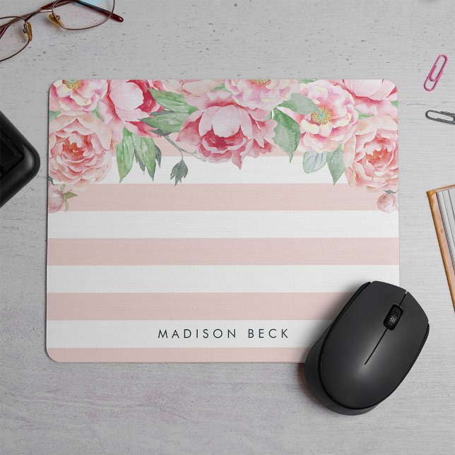 Antiquitätenpeony & Blush Pink Streifen Mousepad (Von Creator hochgeladen)