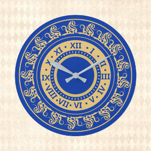 Antiquitätenschauen tiefblaue und goldene Mittelal Große Wanduhr