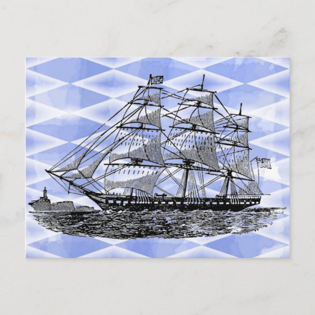 Antiquitätenschiff auf blau postkarte (Vorderseite)