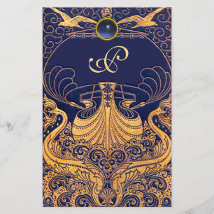 Antiquitätenschiff, Delphine, Gold, Navy Blue Mono Briefpapier