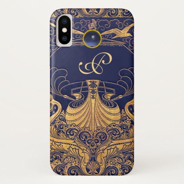 Antiquitätenschiff, Delphine, Gold, Navy Blue Mono Case-Mate iPhone Hülle (Rückseite)
