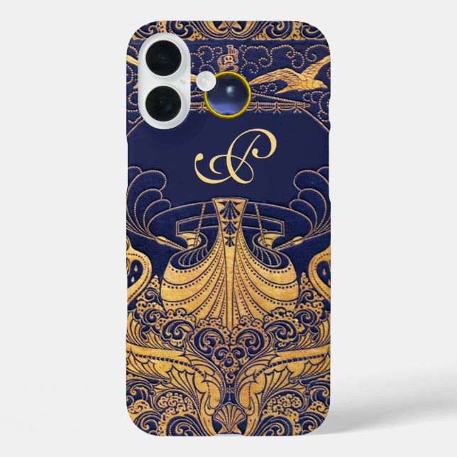 Antiquitätenschiff, Delphine, Gold, Navy Blue Mono Case-Mate iPhone Hülle (Rückseite)