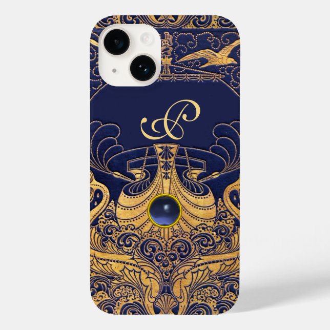Antiquitätenschiff, Delphine, Gold, Navy Blue Mono Case-Mate iPhone Hülle (Rückseite)