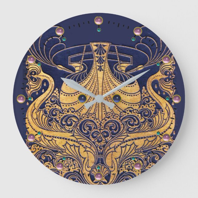 Antiquitätenschiff, Delphine, Gold, Navy Blue Naut Große Wanduhr (Vorderseite)