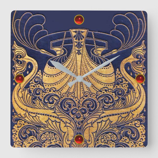 Antiquitätenschiff, Delphine, Gold, Navy Blue Naut Quadratische Wanduhr (Vorderseite)