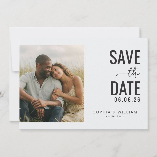 Antizipatorische Beige-Minimalist-Foto Save The Date (Vorderseite)