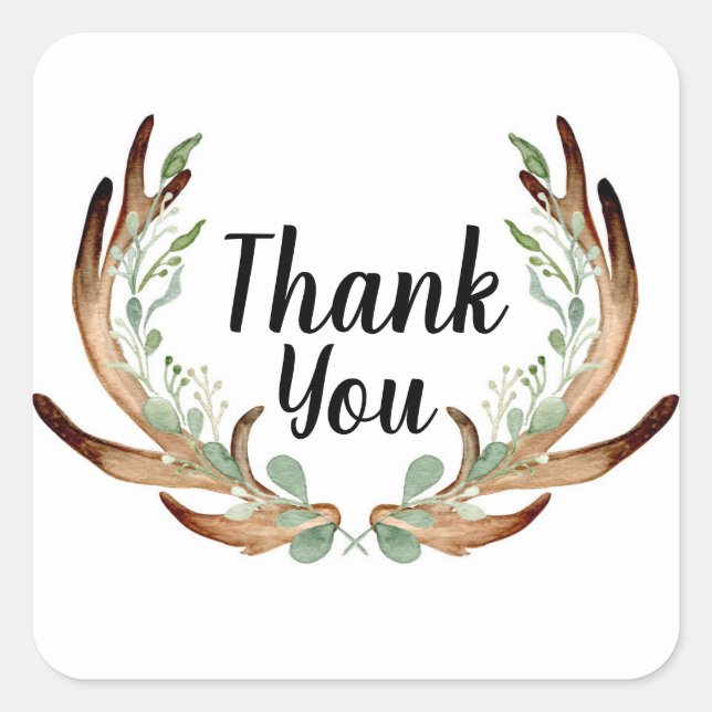 Antler and Vine Watercolor Vielen Dank Quadratischer Aufkleber (Vorderseite)