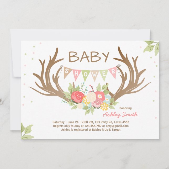 Antler Baby Shower Einladung Hirschwaldflora (Vorderseite)