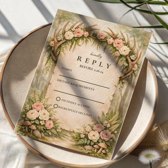 Antler Botanical Rustic Wedding RSVP Karte (Von Creator hochgeladen)