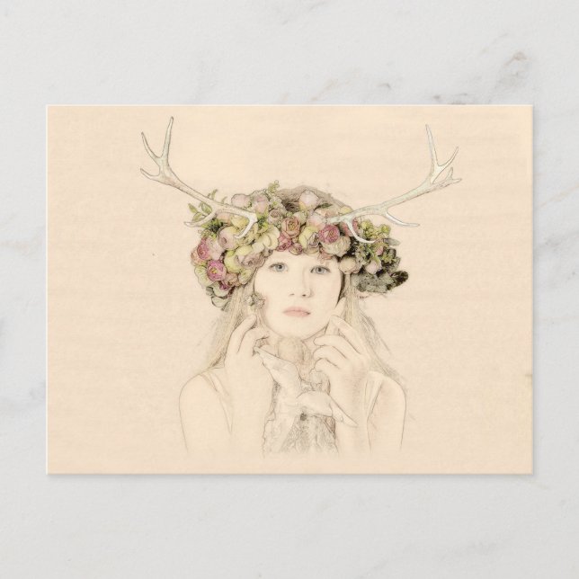 Antler Girl mit Blume Postkarte (Vorderseite)