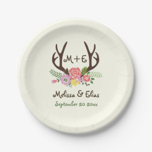 Antler & Korallenrosa Blume rustikale Hochzeit Pappteller