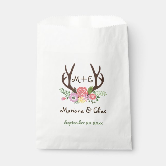 Antler & Korallenrosa Blume Waldhochzeit Geschenktütchen (Vorderseite)