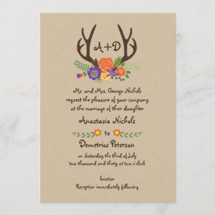 Antler & Orangen-Blume-Monogramm-Waldhochzeit Einladung