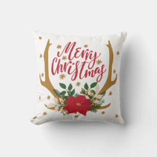 Antler und Poinsettia Rot und Gold Weihnachten Kissen