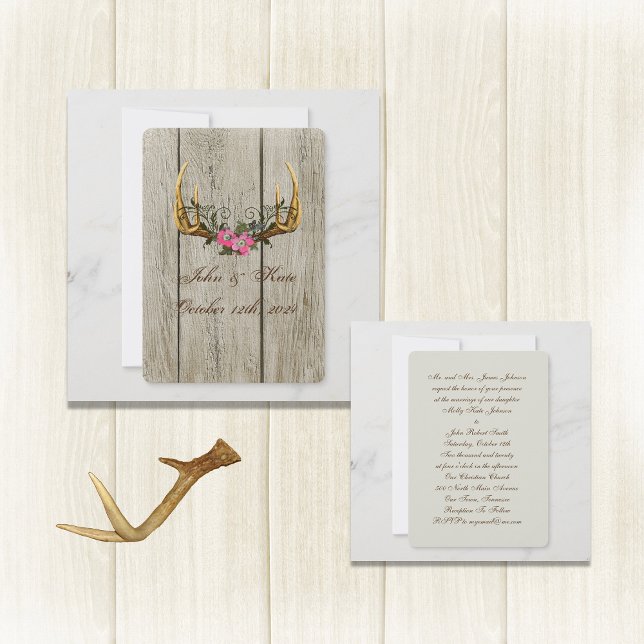 Antler und rosa Rosen Rustikale Hochzeitseinladung Einladung (Von Creator hochgeladen)