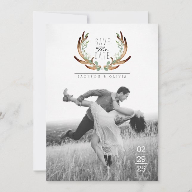 Antler & Vine Wasserfarbe Save the Date Foto (Vorderseite)