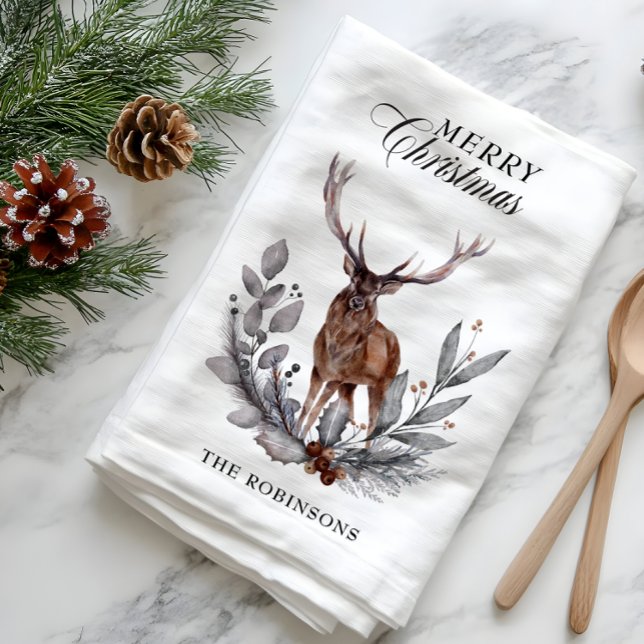 Antlered Deer Buck Wreath Frohe Weihnachten Geschirrtuch (Antlered Deer Buck Wreath Merry Christmas Kitchen Towel)