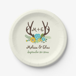 Antlers & aqua blue, gelbe Blumen rustikale Hochze Pappteller