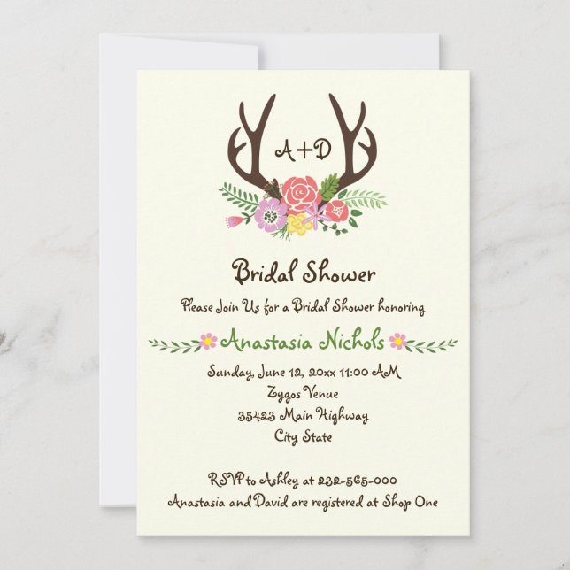Antlers & Blume monogramm Hochzeitsszenario Brautp Einladung (Vorderseite)