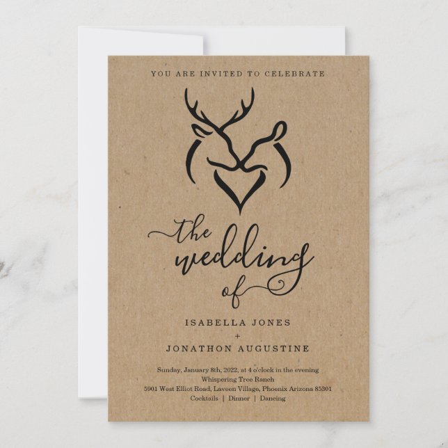 Antlers Doe & Deer Heart Jäger Hochzeit Einladung (Vorderseite)