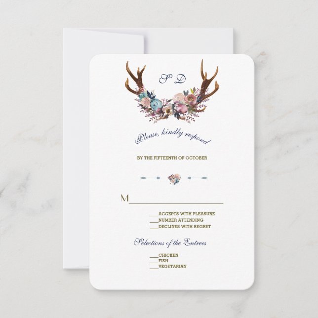 Antlers Dusty Blue Pink Floral | HochzeitsrSVP RSVP Karte (Vorderseite)