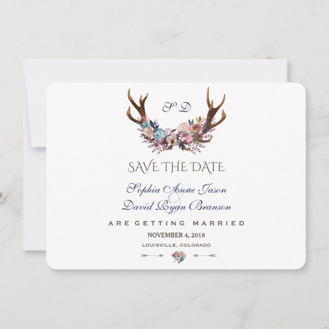 Antlers Dusty Blue Pink Floral Save the Date (Vorderseite)