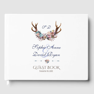 Antlers Dusty Blue Pink Floral Wedding Gästebuch