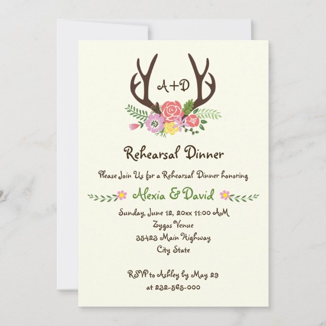 Antlers floral monogram Hochzeit Probe Dinner Einladung (Vorderseite)