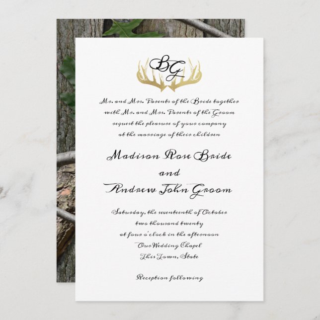 Antlers Monogram und Woodland Trees Wedding Einladung (Vorne/Hinten)