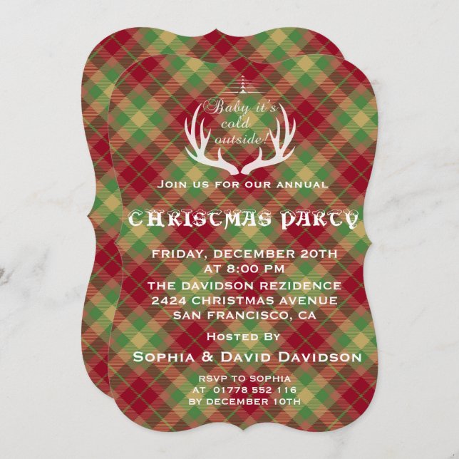 Antlers Red Green Kariert Christmas Party Einladun Einladung (Vorne/Hinten)