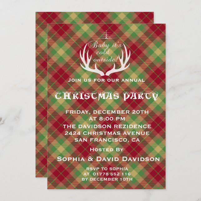 Antlers Red Green Kariert Christmas Party Einladun Einladung (Vorne/Hinten)