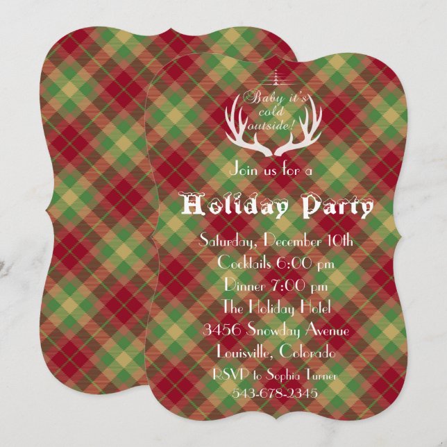 Antlers Red Green Kariert Holiday Party Einladung (Vorne/Hinten)