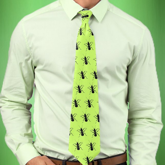 Ants Go Marching Krawatte (Bright green mens necktie with marching black ants.)
