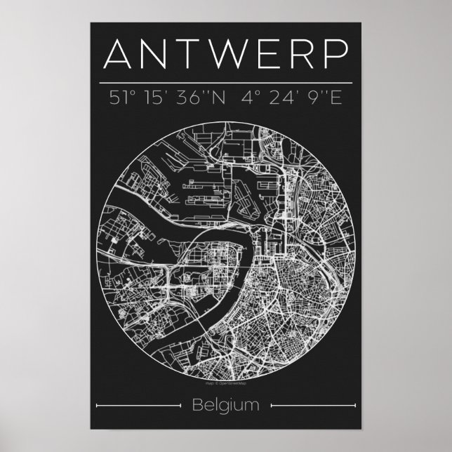 Antwerp City Map Poster Charcoal Minimal European  (Vorne)