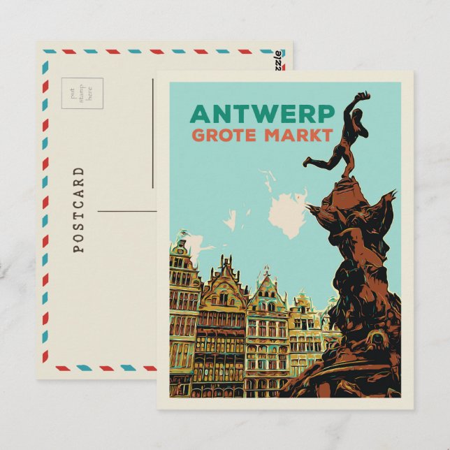 Antwerpen Grote Markt Illustration Belgien Postcar Postkarte (Vorne/Hinten)