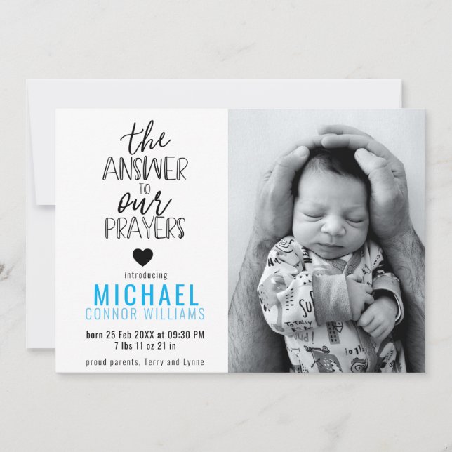 Antwort auf unsere Gebete Foto Blue Boy Birth Ankündigung (Vorderseite)